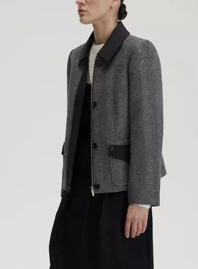 PIECE MIND秋冬黑色条纹拼色设计短款羊毛夹克外套