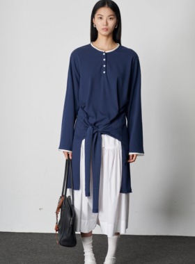 PIECE MIND两件腰间系结亨利领长袖T