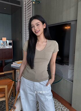 【LIMO】夏上新！极简高品质小口袋V领棉麻显瘦短袖T恤6168
