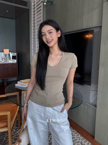 【LIMO】夏上新！极简高品质小口袋V领棉麻显瘦短袖T恤6168