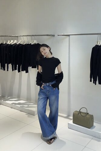 漫步夏日韩系简约百搭显瘦高腰阔腿可自由卷边休闲裤牛仔裤