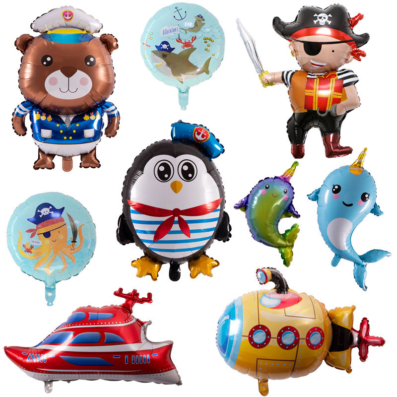 ins海洋系列卡通铝膜气球生日派对聚会场地布置企鹅轮船潜水艇鲸