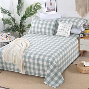 凉席枕套双人大床床单简约格子床单透气三件套 绿洲麻棉床单夏季