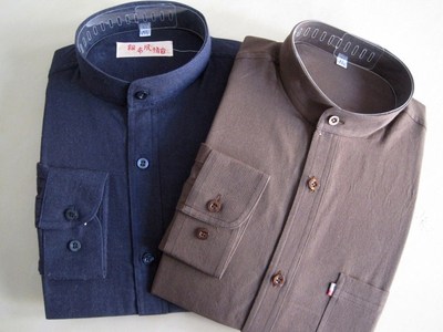 全棉纯色立领老粗布男士衬衫长袖 纯棉宽松休闲衬衣秋季款包邮