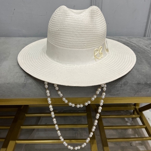 22S夏季新款RB草帽双链条爵士帽优雅女帽子沙滩度假欧美风名媛范