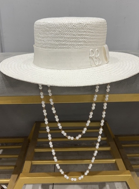 夏白色RB平顶草帽双珍珠链条宽檐Double Chain Strap Boater Hat