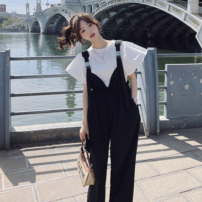 日本代购高腰韩版阔腿裤女夏季薄款小个子宽松盐系背带裤两件套装,女装套装/套裙,浙宝287