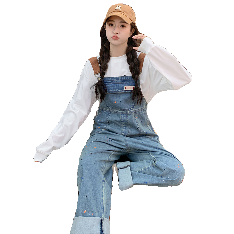 蓝色复古牛仔背带裤女2025春秋新款韩版设计感高腰显瘦直筒连体裤,女装牛仔裤,浙宝287