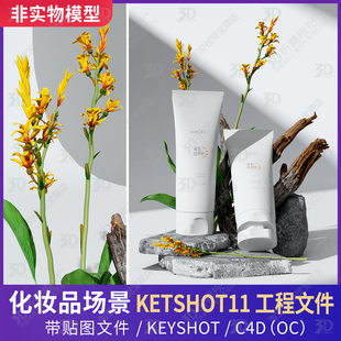 美妆化妆品洗护KEYSHOT场景工程花岩石枯木石板石头简约C4D三维