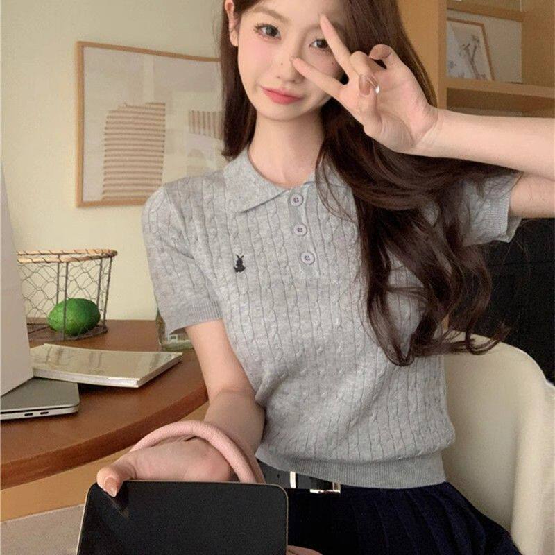 【小四粉丝专享】麻花冰丝透气针织短袖polo领T恤女设计感刺绣