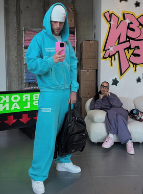 broken planet发泡字母加绒开衫卫衣宽松直筒长裤百搭休闲套装 潮