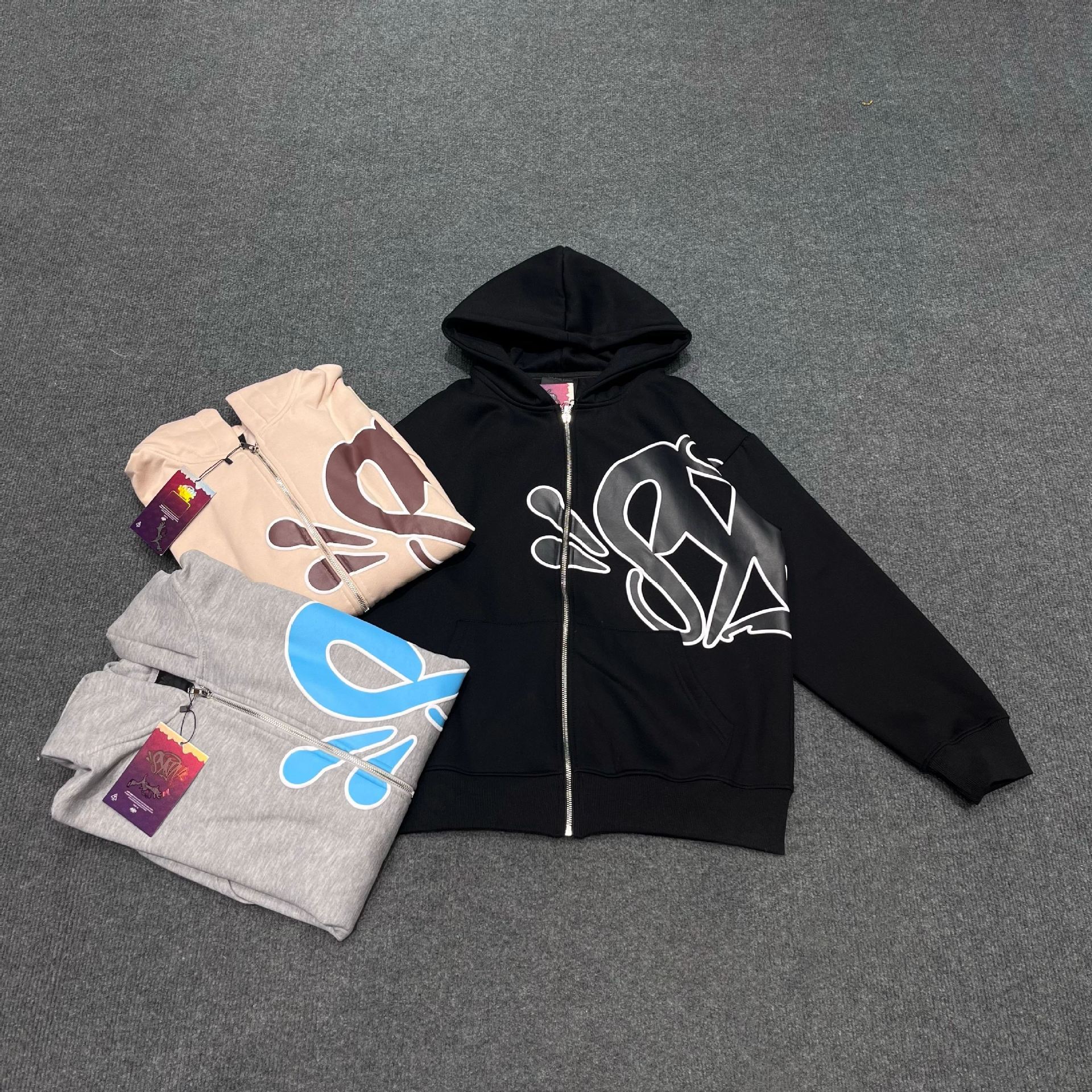 高街加绒字母宽松连帽卫衣开衫