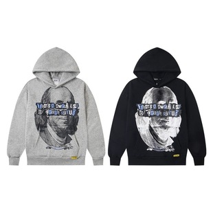 跨境Trapstar街头嘻哈人像字母印花宽松男女情侣休闲加绒连帽卫衣