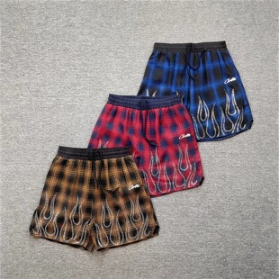 corteiz高街潮牌烫钻火焰格子短裤男女街头宽松抽绳休闲夏季运动