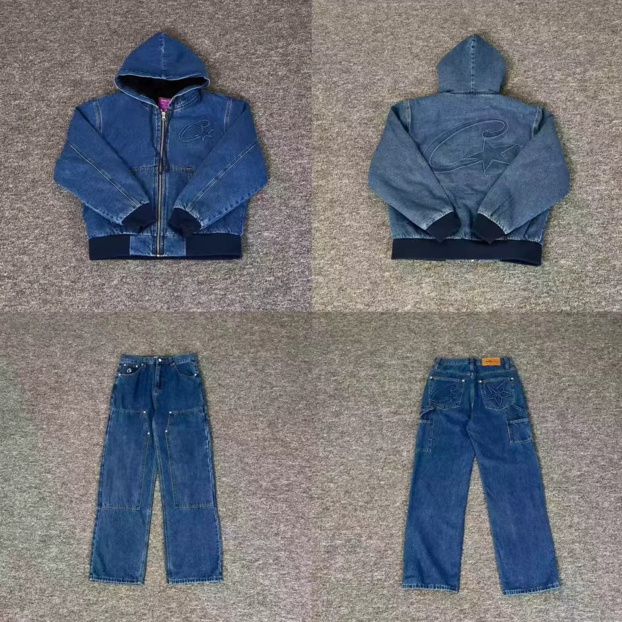 Corteiz加绒牛仔夹克哈伦裤套装