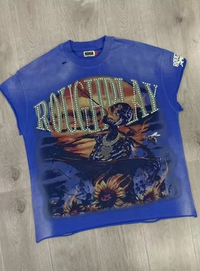 RoughPlay War Ready CutOff烫钻T恤美式做旧无袖衫背心T恤潮牌男