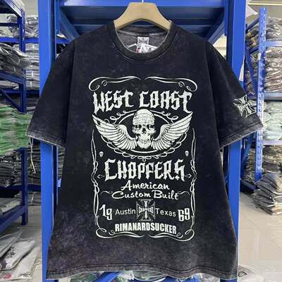 骷髅印花夏季水洗做旧宽松T恤