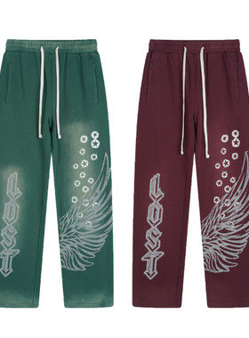 Lost intricacy美潮小众街头烫钻字母复古水洗男女宽松休闲长裤