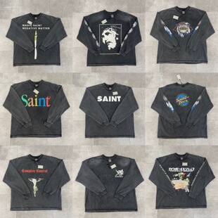 Saint Michael美式街头复古潮牌高街宽松圆领打底水洗做旧长袖T恤