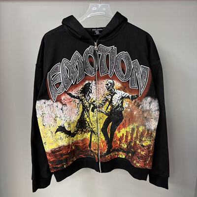 高街烫钻字母连帽拉链卫衣