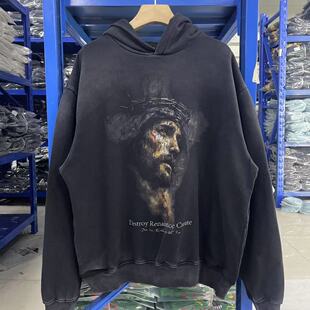 False Perception人物头像印花洗水做旧帽衫宽松套头男女连帽卫衣