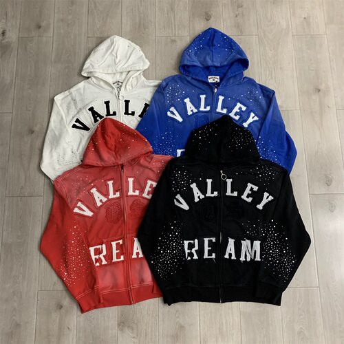 vale valley美式复古字母绣花烫钻连帽开衫卫衣水洗做旧拉链外套