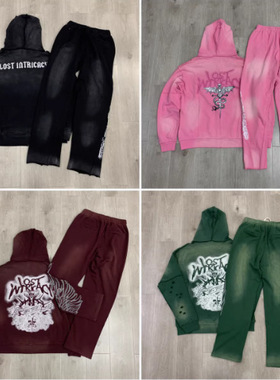 高街复古烫钻Lost intricacy字母水洗套装破洞连帽外套休闲长裤潮