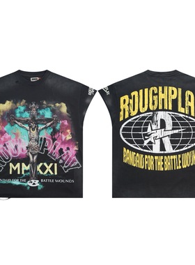 外贸美式潮Roughplay摇滚乐队印花无袖背心宽松休闲男女装潮t