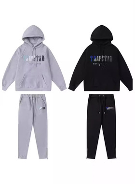 跨境现货Trapstar欧美街头潮毛巾绣字母男女宽松运动休闲套装加绒