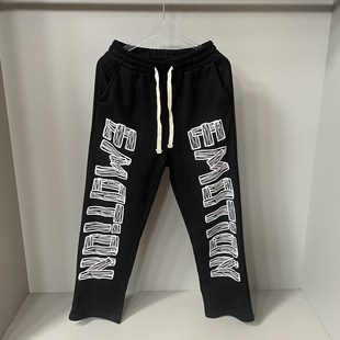 MIXED EMOTION跨境素描字母印花烫钻休闲长裤宽松纯棉毛圈卫裤潮