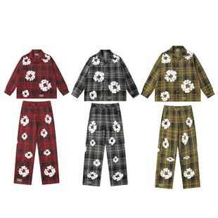 DENIM TEARS新款木棉花印花美潮格子休闲长袖衬衫潮流长裤套装ins