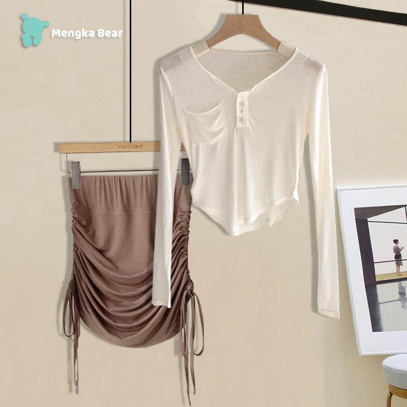 性感纯欲风套装女夏季薄款防晒长袖T恤+辣妹休闲包臀短裙裤两件套