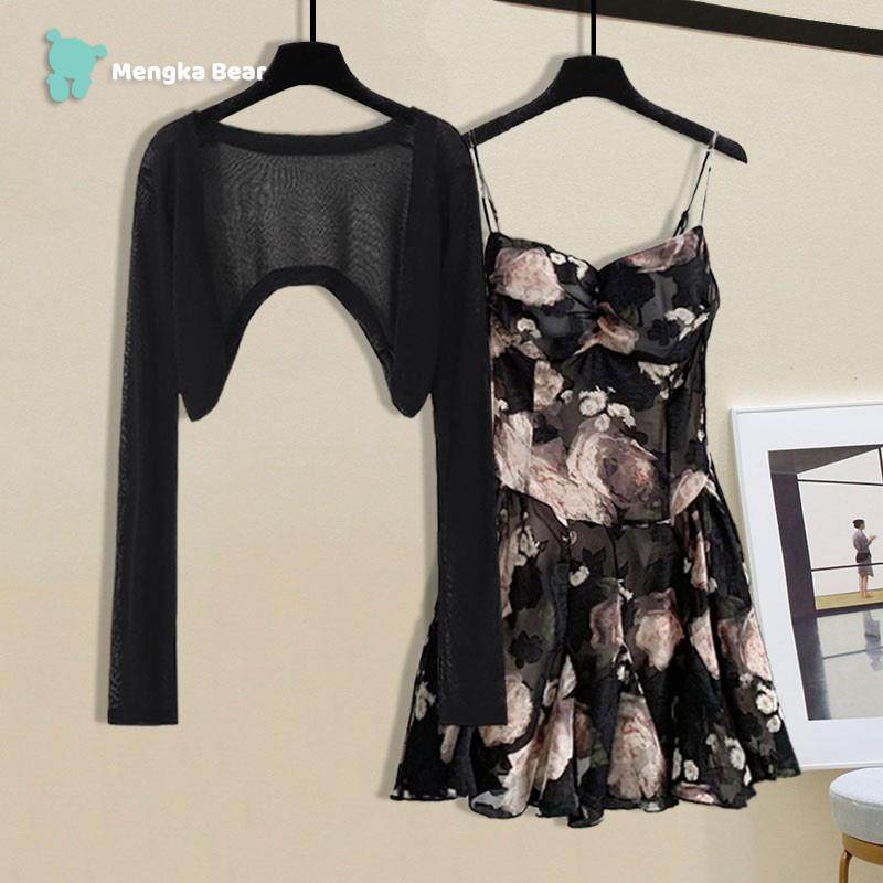 复古甜辣风小个子女夏季气质碎花吊带连衣裙防晒针织开衫两件套装