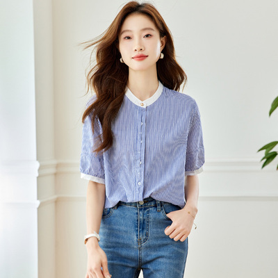 蓝色条纹衬衫女短袖职业装2025夏季新款圆领正肩设计感纯棉衬衣潮