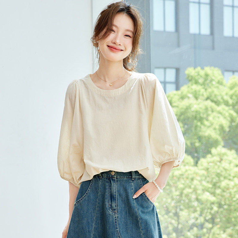 法式棉麻短袖衬衫女夏季薄款五分袖T恤圆领休闲遮肚子宽松衬衫上