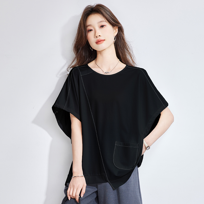 法式蝙蝠袖上衣女夏季2025新款圆领高级感遮肚子冰丝短袖t恤女薄