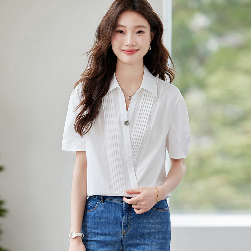 高级感V领短袖天丝衬衫女夏季2025新款爆款宽松休闲女士白色上衣