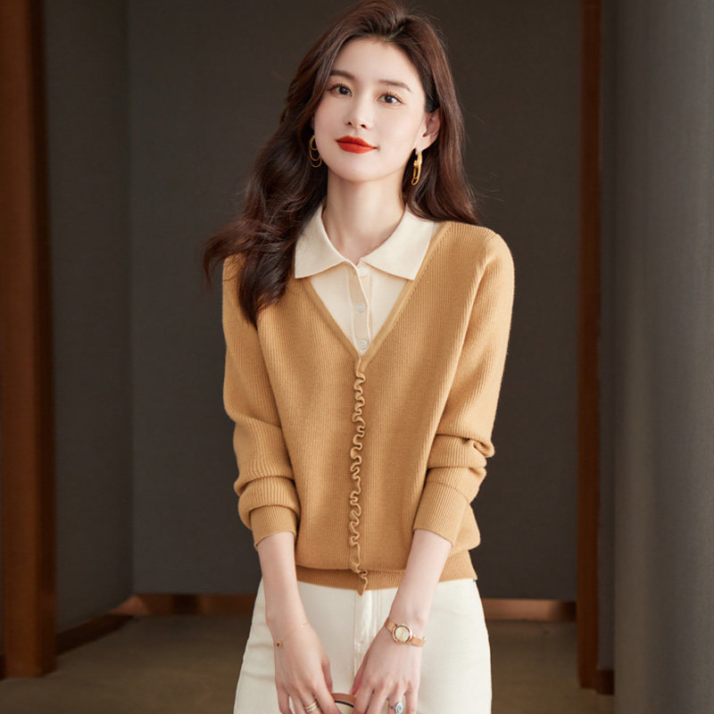 假两件上衣女衬衫领毛衣2025春秋新款爆款时尚洋派翻领针织打底衫