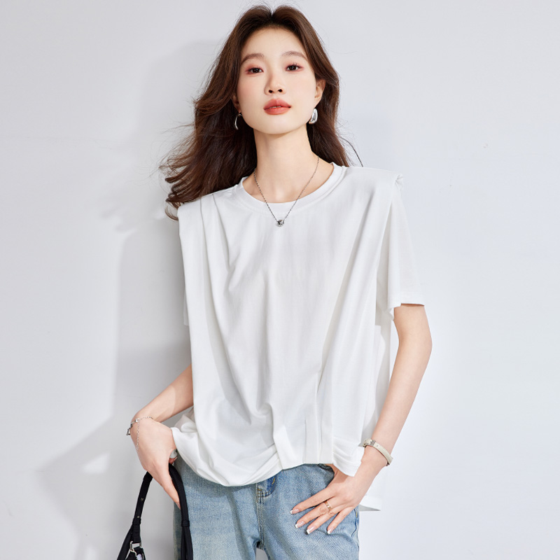 白色正肩圆领短袖T恤女夏季爆款设计感小众宽松休闲超好看上衣薄