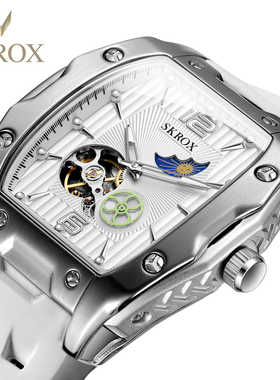 SKROX白色夜光酒桶形大表盘橡胶带陀飞轮月相全自动机械表男手表