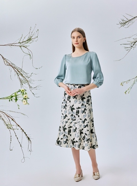 天轩商场同款2025春女七分袖衬衫优雅气质淡雅蓝色显瘦TJCG034