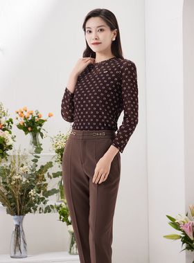 天轩商场同款春秋女士新款长袖T恤打底衫时尚花纹圆领通勤THCC005