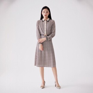 天轩商场同款2023女连衣裙新中长款咖格系带时尚名媛气质THQD151