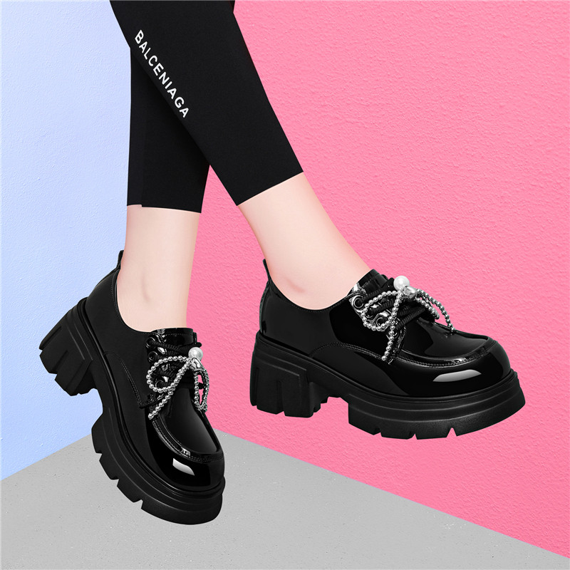 2025新款单鞋女春季真皮厚底英伦风系带高跟小皮鞋粗跟乐福鞋软底