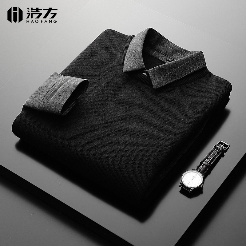浩方针织衫毛衣衬衫领假两件男装