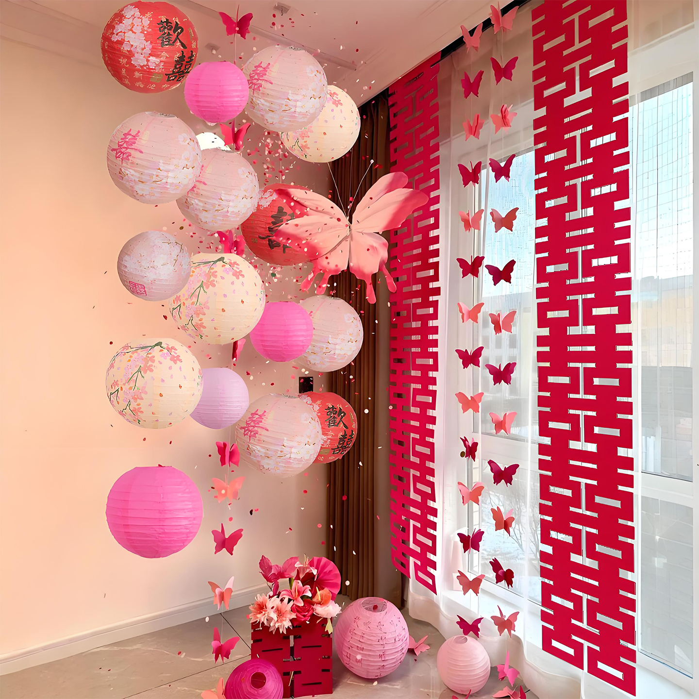 婚房布置套装结婚客厅拉花灯笼瀑布男女方婚礼卧室晨袍背景墙装饰