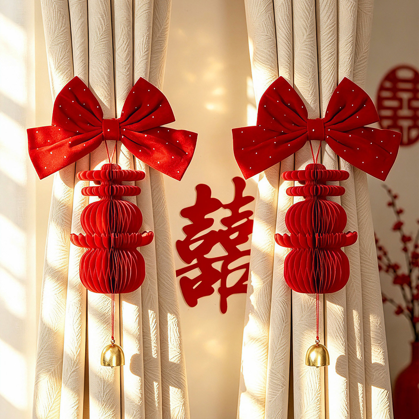 结婚窗帘捆绑带拉花蝴蝶结婚房图片