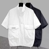 t恤男夏季 潮牌工装 立体口袋设计半袖 半拉链立领短袖 开衫 休闲宽松