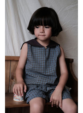 the tree 树 日系小众套装男女童夏复古棉麻海军领格子背心+短裤