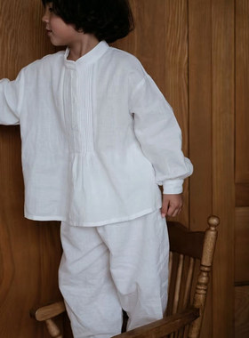 thetree树 法式古董亚麻套装儿童复古打褶长袖衬衫+长裤两件套春